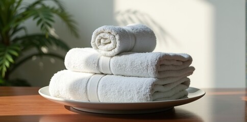 Premium towels on plate on elegant plate with elegant luxury theme in contemporary minimalist style for stock photography