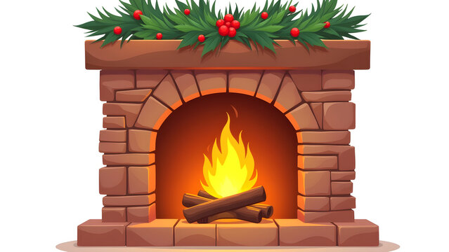 Christmas fireplace with a fire burning in it on a white background.