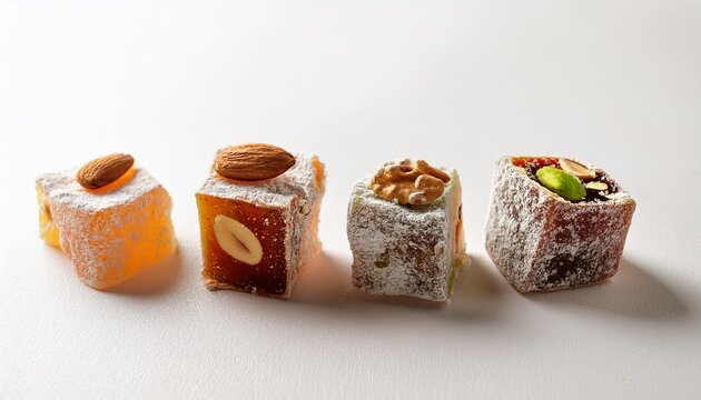 sweet food turkish delight assorted rahat locum in form of cubes with nuts and powdered sugar traditional food on white background