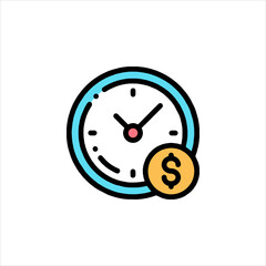 Clock with dollar coin represents time is money concept on white backdrop, symbolizing financial value and time management.