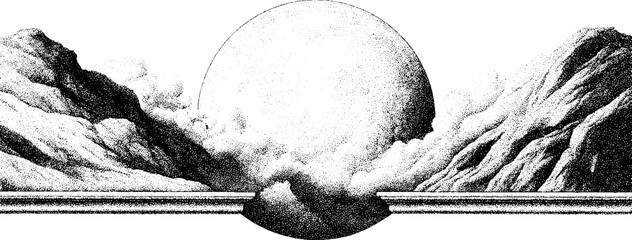 Foggy moon silhouette with soft stipple dot border in abstract landscape design