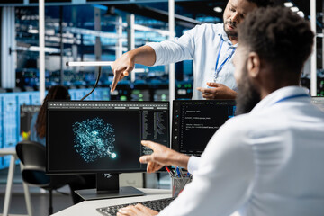 Server hub manager supervising engineer using AI algorithms categorizing and clustering...