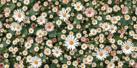 A dense field of daisies with white petals and yellow centers surrounded by green foliage