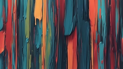 Abstract painting featuring vertical brushstrokes in shades of orange, teal, and red hues