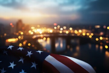  American flag and city lights of Memphis at dusk celebrate Independence Day, USA patriotic symbol, blurred background