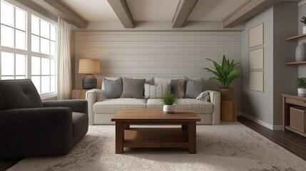 Modern living room with a large window on the left side. the window has white curtains and is letting in natural light.