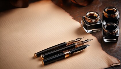 elegant fountain pens and ink on handmade paper displayed together