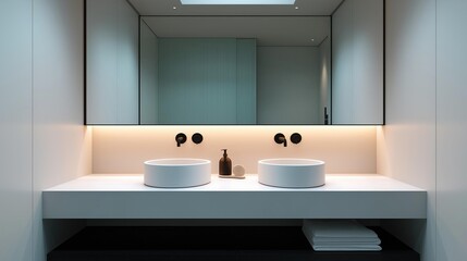 Modern bathroom with a large mirror above the sink. the mirror is rectangular in shape and has a black frame.