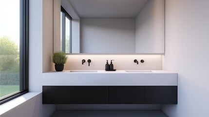 Modern bathroom with a large window on the left side. the window has a view of greenery outside. on the right side of the image, there is a white countertop with two black faucets.