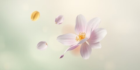 Close up of a light pink flower with falling petals on a soft pastel colored background image