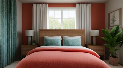 Modern bedroom with a large window in the center. the window has white curtains that are open, allowing natural light to enter the room.