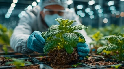 Closeup of scientists hands planting a seedling in a modern greenhouse