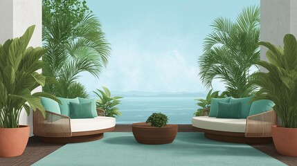 Beautiful outdoor living space with a stunning view of the ocean. the space is furnished with two round sofas with turquoise cushions, a wooden coffee table, and several potted plants.