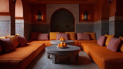 Luxurious living room with a traditional moroccan style. the room has a high ceiling with arches and pillars, and the walls are decorated with intricate patterns and designs.