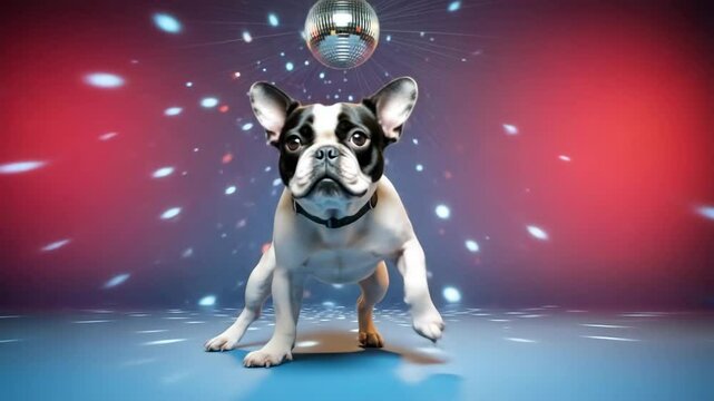 Perro bailando en una discoteca con bola de espejos