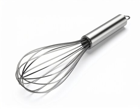 Batidor manual de acero inoxidable con mango ergon&oacute;mico, centrado sobre fondo blanco, estilo limpio.