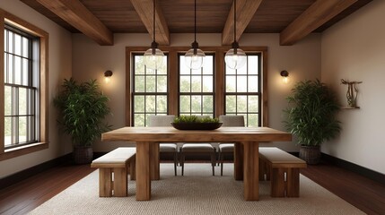 Modern dining room with a large wooden table in the center. the table is made of light-colored wood and has a bowl of green plants on top.