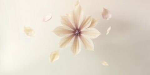 A soft focus shot of a flower with petals falling against a light background creating a serene scene