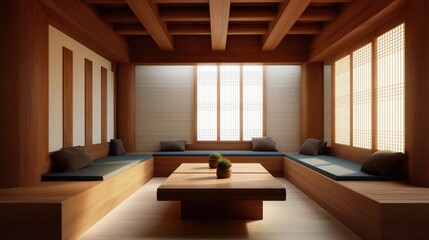 Modern and luxurious living room with a high ceiling and wooden panels on the walls. the room has a large window with white blinds, allowing natural light to enter the space.