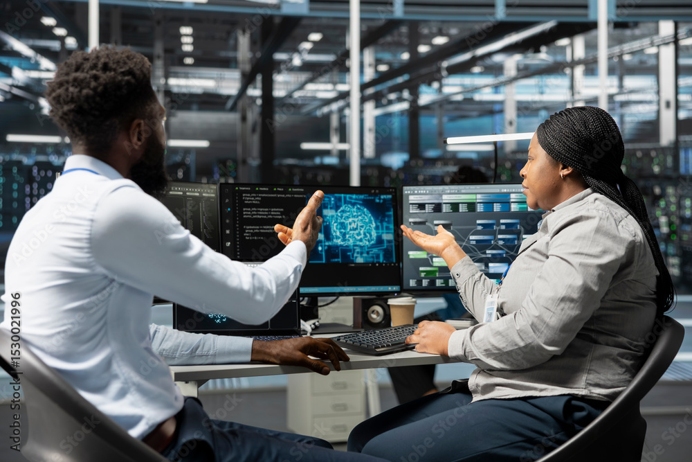Poster server room software developers working together using artificial intelligence to reduce downtime. w