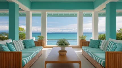Beautiful outdoor living room with a stunning view of the ocean. the room has a high ceiling with white columns and a wooden floor.