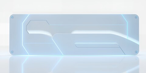 A rectangular object with geometric shapes and blue neon lines on a white reflective surface