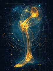 Full leg skeletal graphic design with a glowing X-ray effect, featuring detailed bones of the femur, knee, tibia, fibula, and foot.