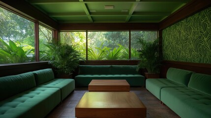 Modern living room with a large window that offers a view of the greenery outside. the room has a high ceiling with wooden beams and a green color scheme.
