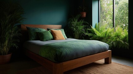 Modern bedroom with a large window on the right side. the window has a view of trees and greenery outside.