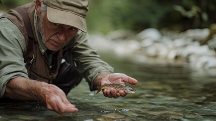 Fly Fisherman Presenting Small Catch Outdoors