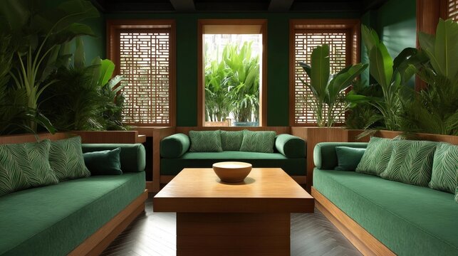Modern living room with a green color scheme. the room has a high ceiling with wooden beams and large windows that let in natural light.