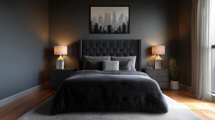 Modern and luxurious bedroom with a large window on the right side. the walls are painted in a dark grey color and the floor is made of light-colored wood.