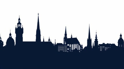Obraz premium Iconic Munich skyline silhouette in navy blue tones, Germany architecture scene with historical landmarks