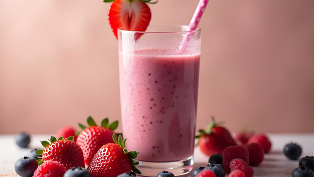 Delicious smoothie of fruits and berries image copy space, . Fresh sweet beverage and organic ingredients top view banner background blurred. Wellbeing concept photography copyspace