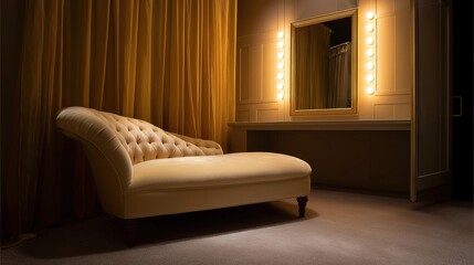 Corner of a room with a beige sofa in the center. the sofa has a tufted backrest and is upholstered in a soft fabric. it is placed in front of a large window with sheer curtains.