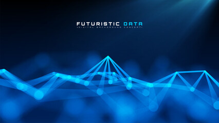 Futuristic background with blue polygon glowing elements. Digital network technology and data flow design. Minimalist tech. Vector illustration.