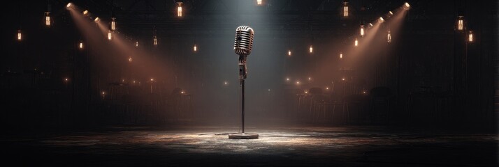Vintage microphone on stage, spotlights