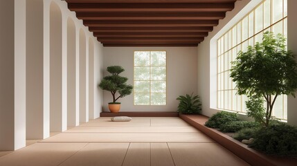 Modern and spacious room with a high ceiling and a large window on the right side. the floor is made of light-colored tiles and the walls are painted white.