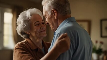 Elderly couple dancing and smiling in cozy living room at home   - Powered by Adobe