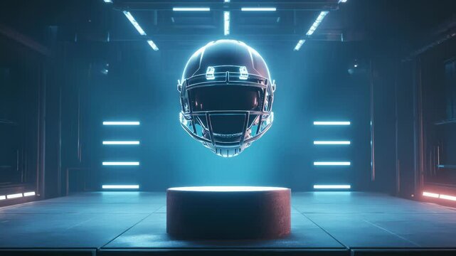 Futuristic Display: A Chrome Football Helmet on a Lit Pedestal in a Cyberpunk Setting - Powered by Adobe