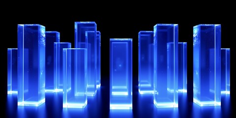 A group of translucent blue rectangular prisms arranged on a reflective surface in darkness