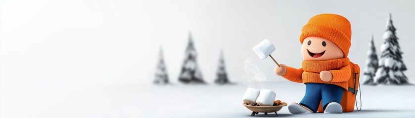 Cartoon Boy Roasting Marshmallows in Winter Landscape, Camping, Holiday