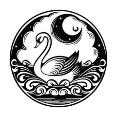 Swan and Moon in Dreamlike Soft Blue Tones vector illustration