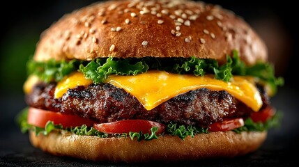 Juicy Cheeseburger Closeup Photography of Delicious Fast Food Meal Grilled Beef Patty