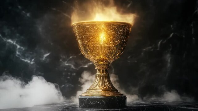 Golden trophy cup with smoke and light effects suitable for award concepts