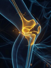 A close-up graphic design of a human knee with an X-ray effect, highlighting the glowing bone structure and surrounding neural network.