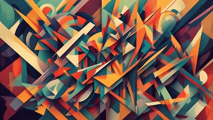 Abstract composition featuring geometric shapes in a vibrant color palette with dynamic arrangement