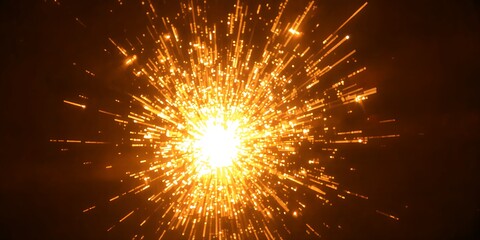 A bright explosion of golden sparks radiating outwards against a dark and blurry background view shot