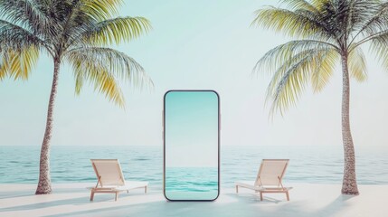 Vibrant Tropical Beach Scene with Smartphone and Lazy Chairs
