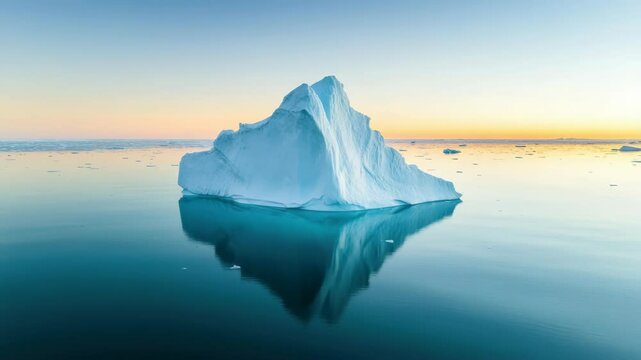 A serene video still of a lone iceberg at sunrise, captured from a low angle, highlighting its reflection on the calm, mirror-like water surface. Live desktop wallpaper.